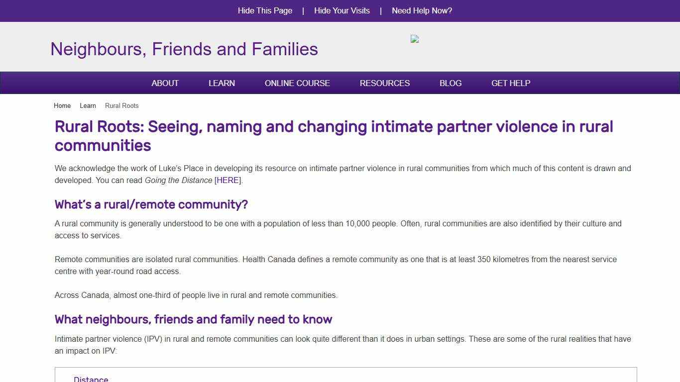 Rural Roots: Seeing, naming and changing intimate partner violence in rural communities - Neighbours, Friends and Families - Western University